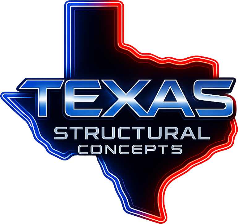 Texas Structural Concepts logo, neon blue and red Texas outline